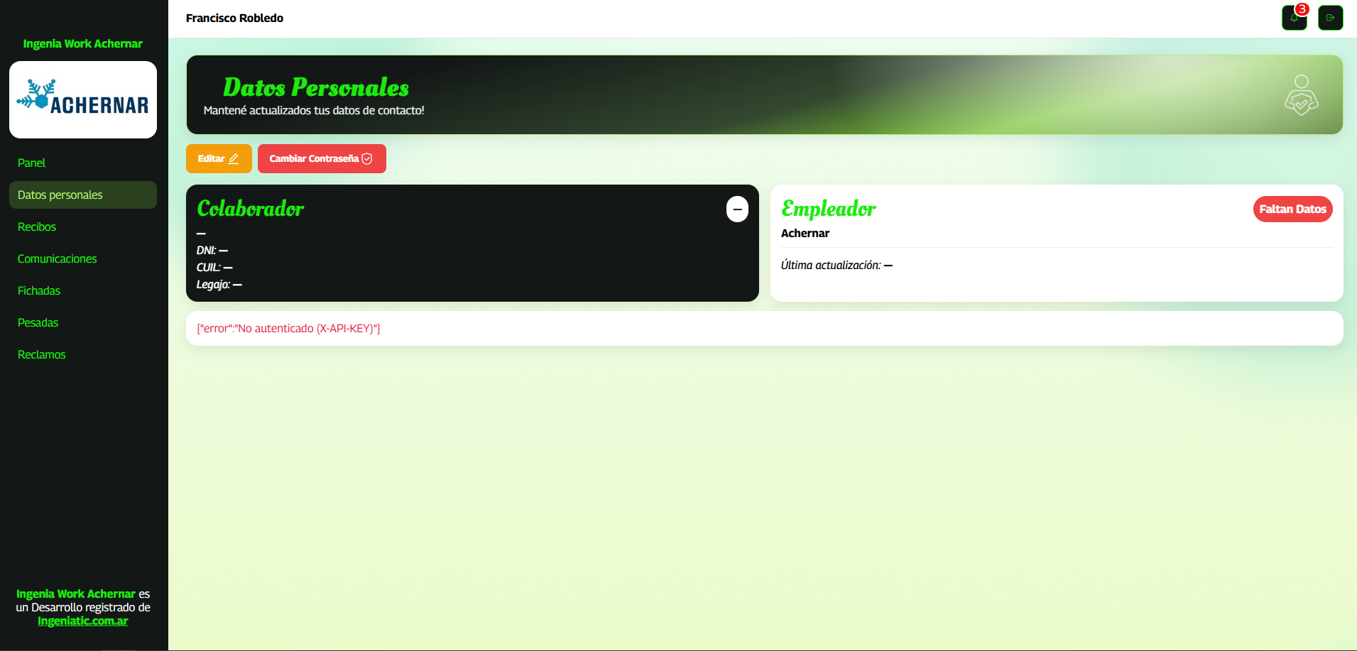 Pantalla de datos personales de Ingenia Work