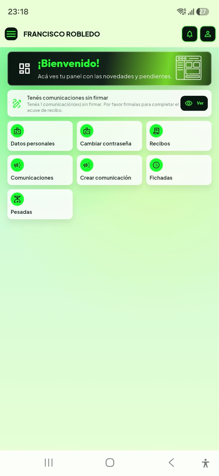 Panel Android de Ingenia Work con accesos a módulos